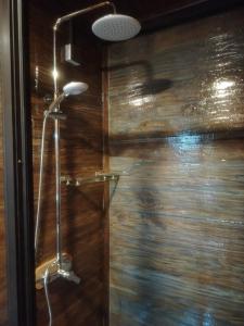 eine Dusche im Bad mit einer Holzwand in der Unterkunft Green Earth Resort in Dambulla