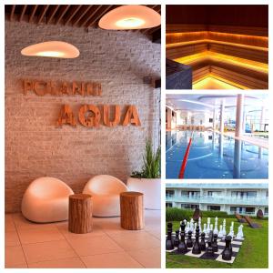 Un collage de imágenes de un resort con una partida de ajedrez. en Polanki Aqua Apartament Kołobrzeg, en Kołobrzeg
