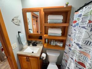 ein Badezimmer mit Waschbecken, Spiegel und Toilette in der Unterkunft Cozy Getaway by the Lake in Twin Lakes + 19 Fotos