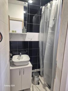 a bathroom with a sink and a shower curtain at Smeštaj JAPI in Aleksinac +9 photos