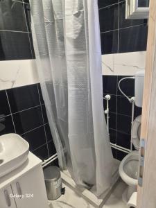 a bathroom with a toilet and a white shower curtain at Smeštaj JAPI in Aleksinac