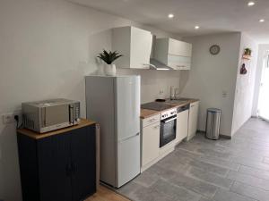 a kitchen with a white refrigerator and a microwave at FeWo Landzeit in Bad Arolsen