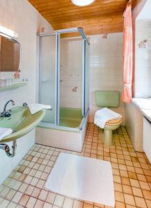 a bathroom with a shower and a toilet and a sink at Pension und Weingut Moselblick in Brauneberg