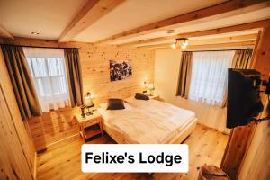 a bedroom with a bed and a television in it at Braito's Seaside Lodges und Suites, Ferienhäuser und Ferienwohnungen in Haldensee +35 photos