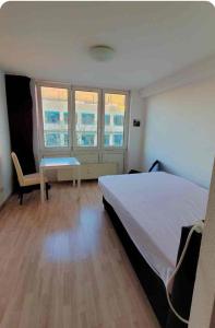 a bedroom with a bed and a desk and windows at Zentrale Wohnung in Köln in Cologne