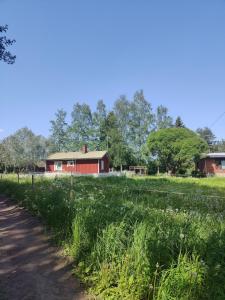 un granero rojo en un campo junto a una carretera en Koivistonpiha farmstay, en Valkeakoski