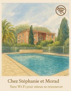 a painting of a house with a swimming pool at Villa Massada - déconnexion entre pins & mer in La Seyne-sur-Mer
