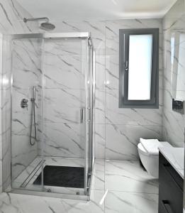 a bathroom with a glass shower with a toilet at Villa Almar in Adamas