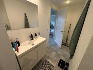 Un baño con un lavabo blanco y un espejo. en Bright, well furnished apartment, en Hillerød 6 fotos más