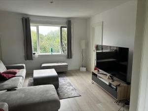 Una sala de estar con un sofá y un televisor de pantalla plana. en Bright, well furnished apartment, en Hillerød
