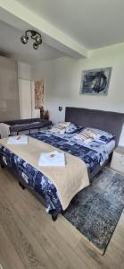 two beds in a room with two bedsskirts at Apartman Orhideja in Fužine