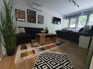 a living room with a black couch and a coffee table at Sofia Apartment free parking in Sarajevo