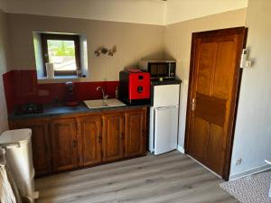 a small kitchen with a sink and a refrigerator at Chez Fanfan in Saint-Sauveur-de-Cruzières