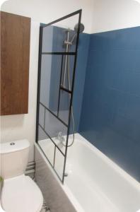 un bagno con wc e doccia in vetro di Studios au pied des pistes , La Mongie Tourmalet, balcon plein Sud a La Mongie