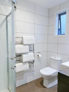 a bathroom with a toilet and a shower and towels at Anchorage Motel Apartments in Te Anau