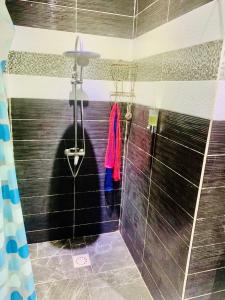 a bathroom with a shower with a glass door at Chez awa in Saint-Louis