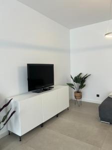 a living room with a tv on a white cabinet at Moderne Ferienwohnung nahe Worpswede und Bremen-stilvoll & zentral in Lilienthal