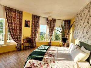 a bedroom with a bed and two windows at Villa Sunrise in Draç