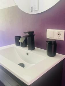 a bathroom sink with two black trash cans on it at Naturerlebnis direkt am Traumpfad in Andernach +23 photos