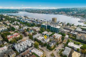 an aerial view of a city with a river and buildings at Walkable Seattle Gem Close To Everything condo in Seattle