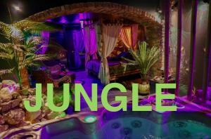 a jungle room with a hot tub and purple lighting at La Terrasse Des Spas - Restaurant - Institut Massage in Hazebrouck +96 photos
