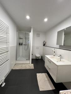 ein Badezimmer mit Dusche, Waschbecken und Toilette in der Unterkunft ROSIS HOME Geräumige Citywohnung im Herzen Schorndorfs - Ideal für Gruppen und Familen in Schorndorf