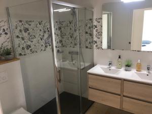 a bathroom with a shower and a sink at Villa plaisance in Plomodiern +22 photos
