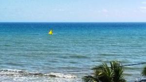 a yellow sail boat in the ocean on the water at Cabanas Caraúbas - frente para o mar, ar & Tv in Maxaranguape