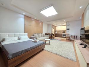 Un dormitorio con una cama y una sala de estar. en 417 Luxury Апартаменты 2х комн кв с 2мя кроватями и раскладным диваном возле посольства США, Хайвилл, en Astana