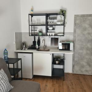 a small kitchen with a sink and a counter at Apartamenty Dana in Pustkowo +18 photos