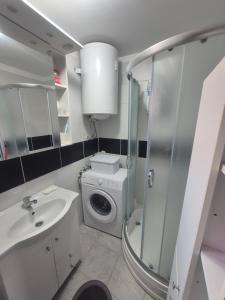 a bathroom with a sink and a washing machine at Apartment Lela - self check-in and check-out in Otočac +12 photos