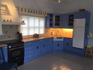 a blue kitchen with a sink and a stove at Pollyville in Lillesand