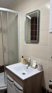 a bathroom with a sink and a mirror at Apartman Happy Moments Kraljevo in Kraljevo +18 photos