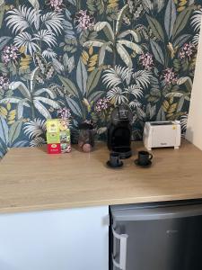 una encimera con una cafetera encima en The Green Nest - pool & lake view, en Costermano