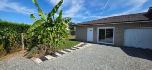una casa con un garage e un albero di La VILLA DES PINS Maison Standing 7 pers Terre et Mer a Brach