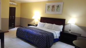 Villa Via Hotel Midrand في ميدراند: غرفة نوم بسرير كبير فيها مصباحين