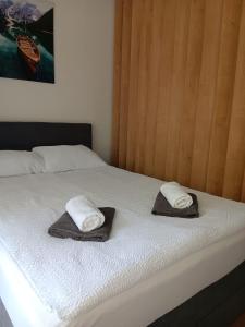 a bed with two towels on top of it at Studio apartman Hušnjakovo Hill in Krapina