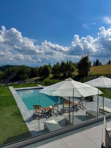 a swimming pool with two umbrellas and chairs next to it at Hebanowe in Załuczne