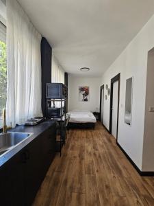 Una cocina con fregadero y una cama en una habitación. en Ehad Haam Urban Suite, en Haifa
