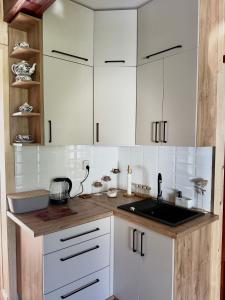 a kitchen with white cabinets and a sink at Uroczysko Lady 
