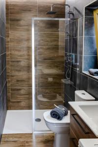 a bathroom with a shower and a toilet and a sink at Penzion Ronox in Česká Skalice +34 photos