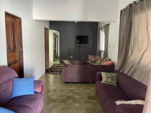 a living room with two purple couches and a tv at Casa em Prado Bahia in Prado