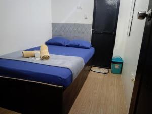 a bedroom with a bed with blue sheets and blue pillows at Arlene's Homestay Siargao in General Luna