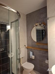 a bathroom with a shower and a toilet and a mirror at Apartments Oribella in Krk +34 photos