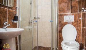 a bathroom with a shower and a toilet and a sink at Lotos - stan 211 L2 in Dobra Voda