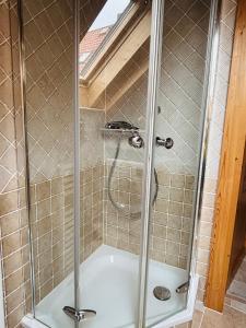 a shower with a glass door in a bathroom at Casa Armonia Halle- Ruhige Ferienwohnung am Pestalozzipark und Gesundbrunnen in Halle an der Saale