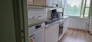 a small kitchen with a sink and a microwave at Pankkikallio 7 in Sorsakoski