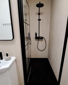 a shower in a bathroom with a glass shower backdoor at Holiday home Blue 40 m from beach in Kruševo
