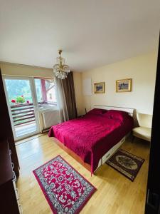 ein Schlafzimmer mit einem roten Bett und einem Fenster in der Unterkunft Vila CETINA in Fundu Moldovei