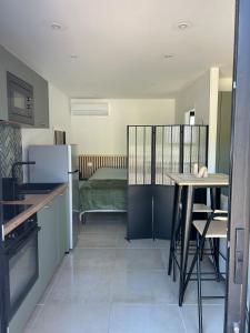a kitchen with a table and a refrigerator at Le cocon de Malo in Lecci +2 photos